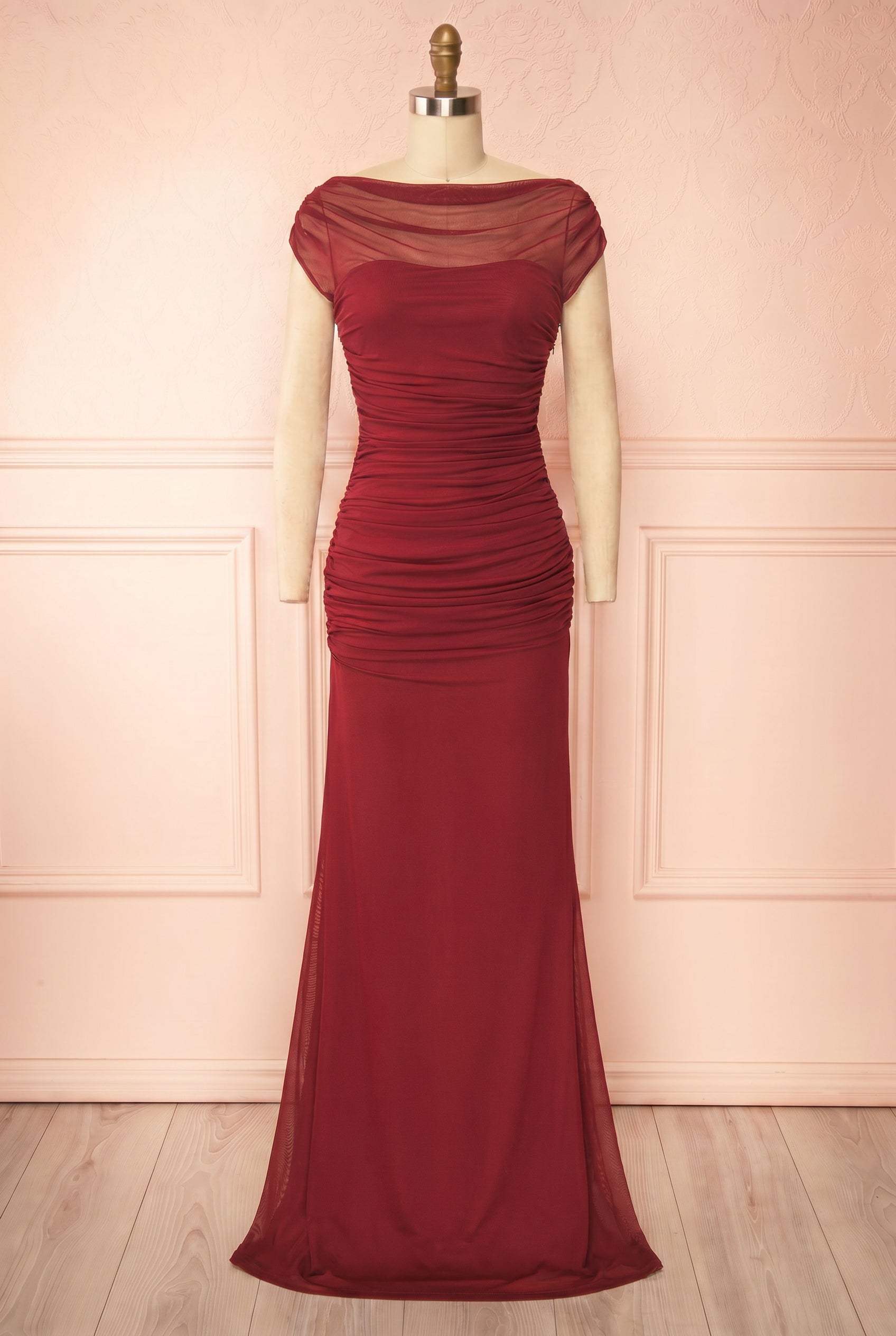 Abelina Burgundy | Maxi Mesh Fitted Dress