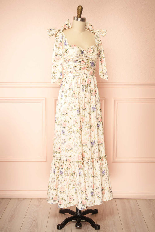 Acilia | Floral A-Line Midi Dress with Tie-Shoulder Straps