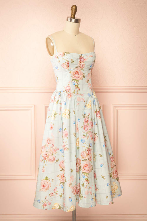 Adalla | Floral Blue Midi Dress with Pockets