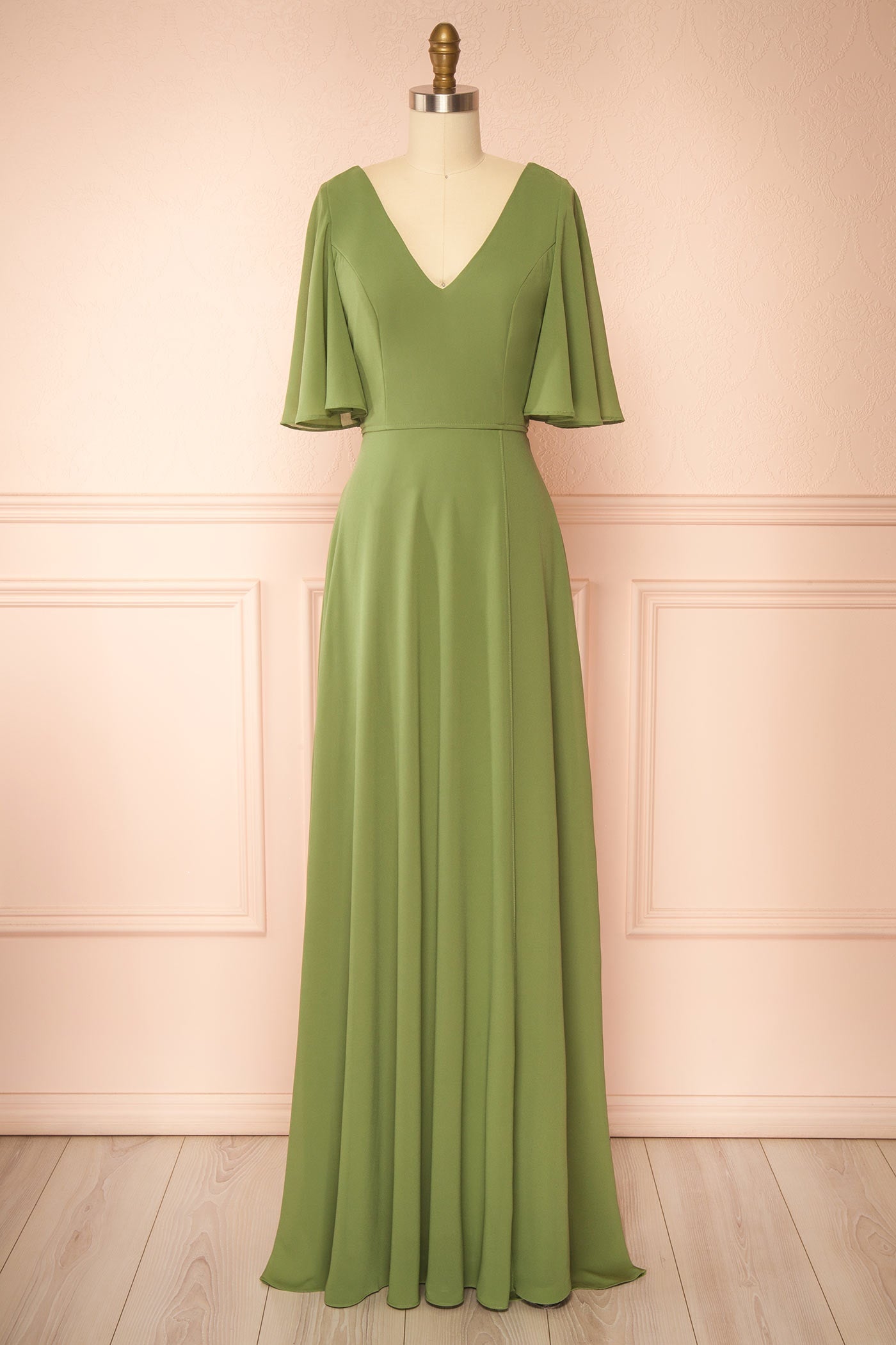 Adelphia Khaki | V-Neck Chiffon Maxi Dress