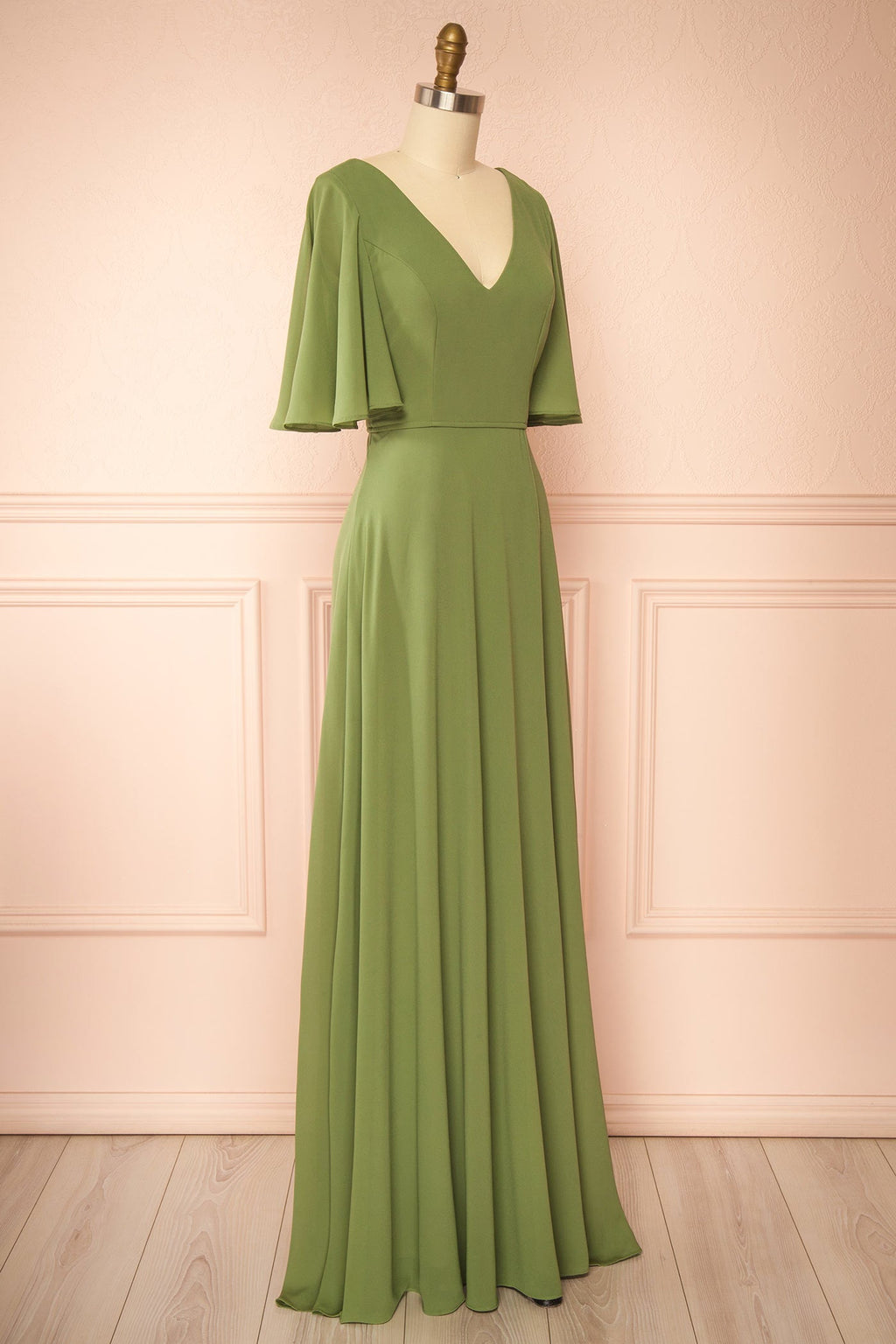 Adelphia Khaki | V-Neck Chiffon Maxi Dress