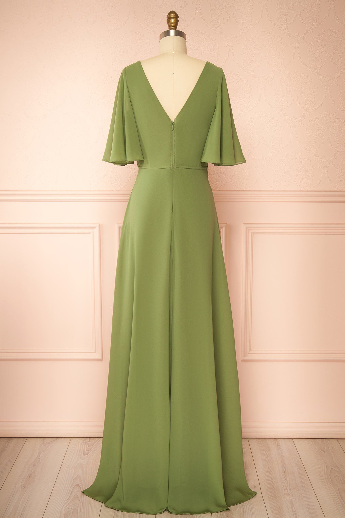 Adelphia Khaki | V-Neck Chiffon Maxi Dress
