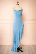 Aeron Blue | Chiffon Asymmetrical Ruffle Maxi Dress