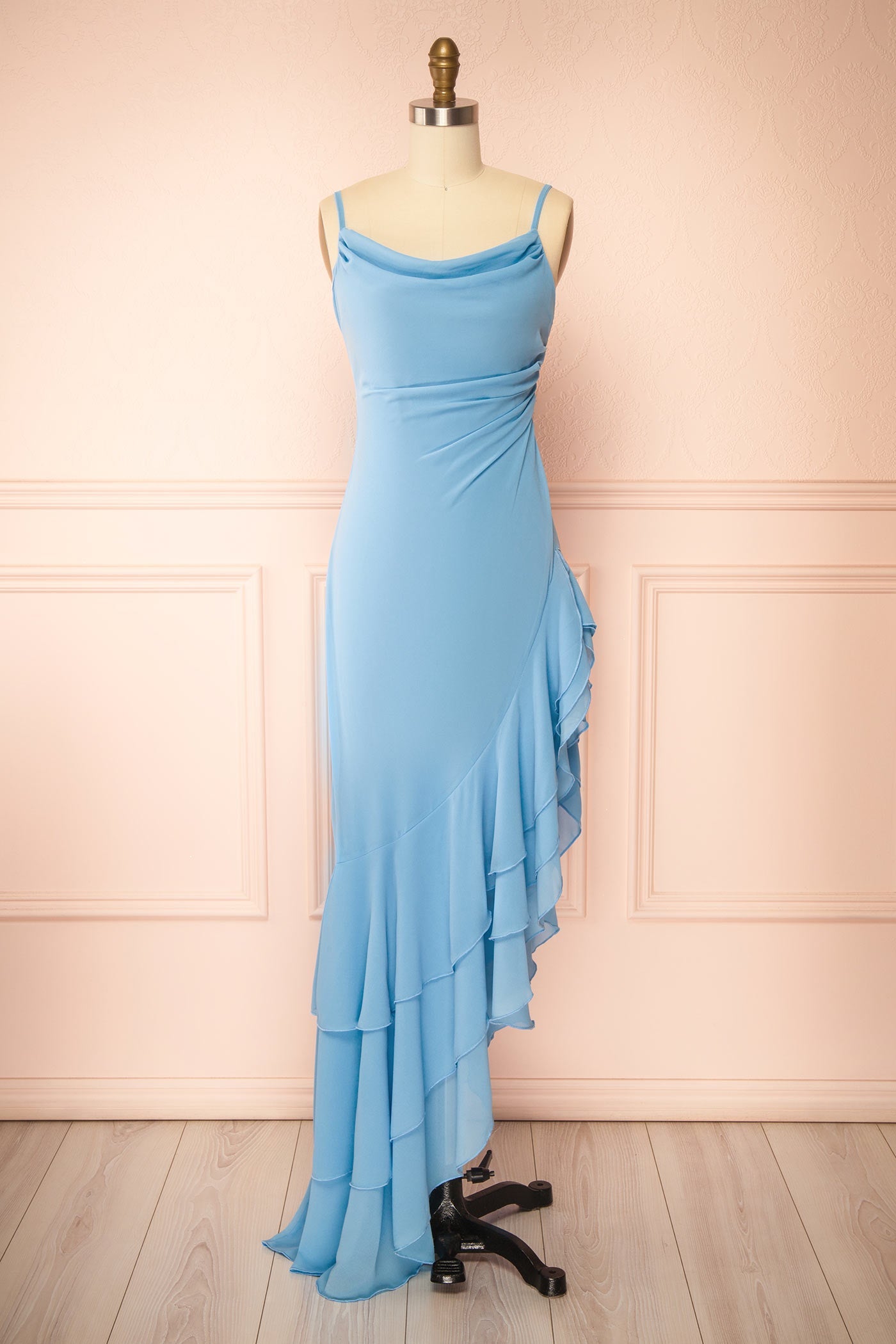Aeron Blue | Chiffon Asymmetrical Ruffle Maxi Dress