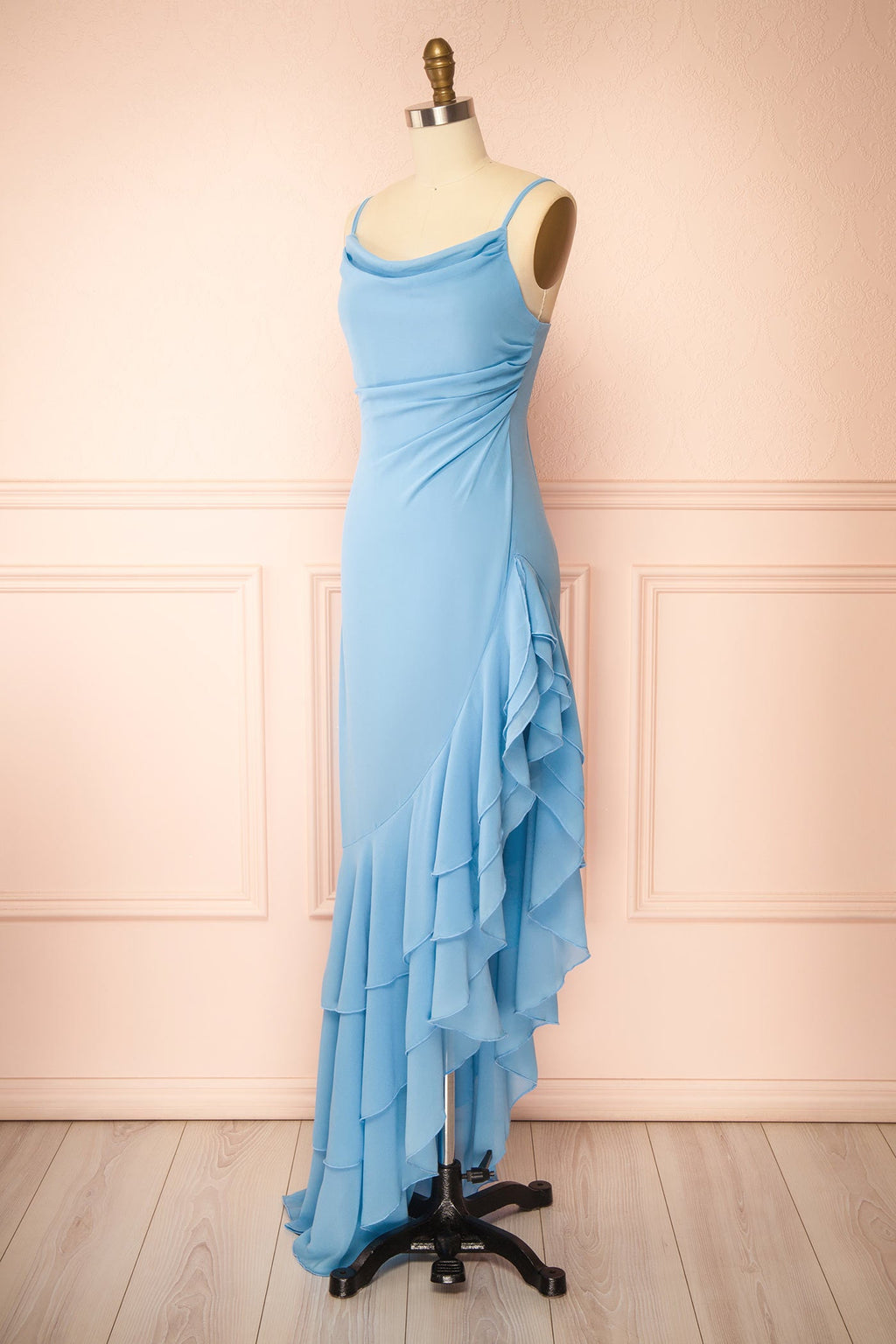 Aeron Blue | Chiffon Asymmetrical Ruffle Maxi Dress