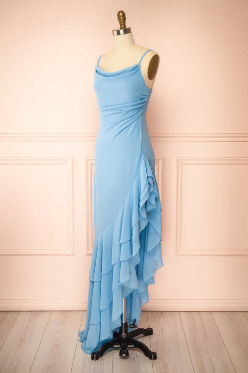 Aeron Blue | Chiffon Asymmetrical Ruffle Maxi Dress
