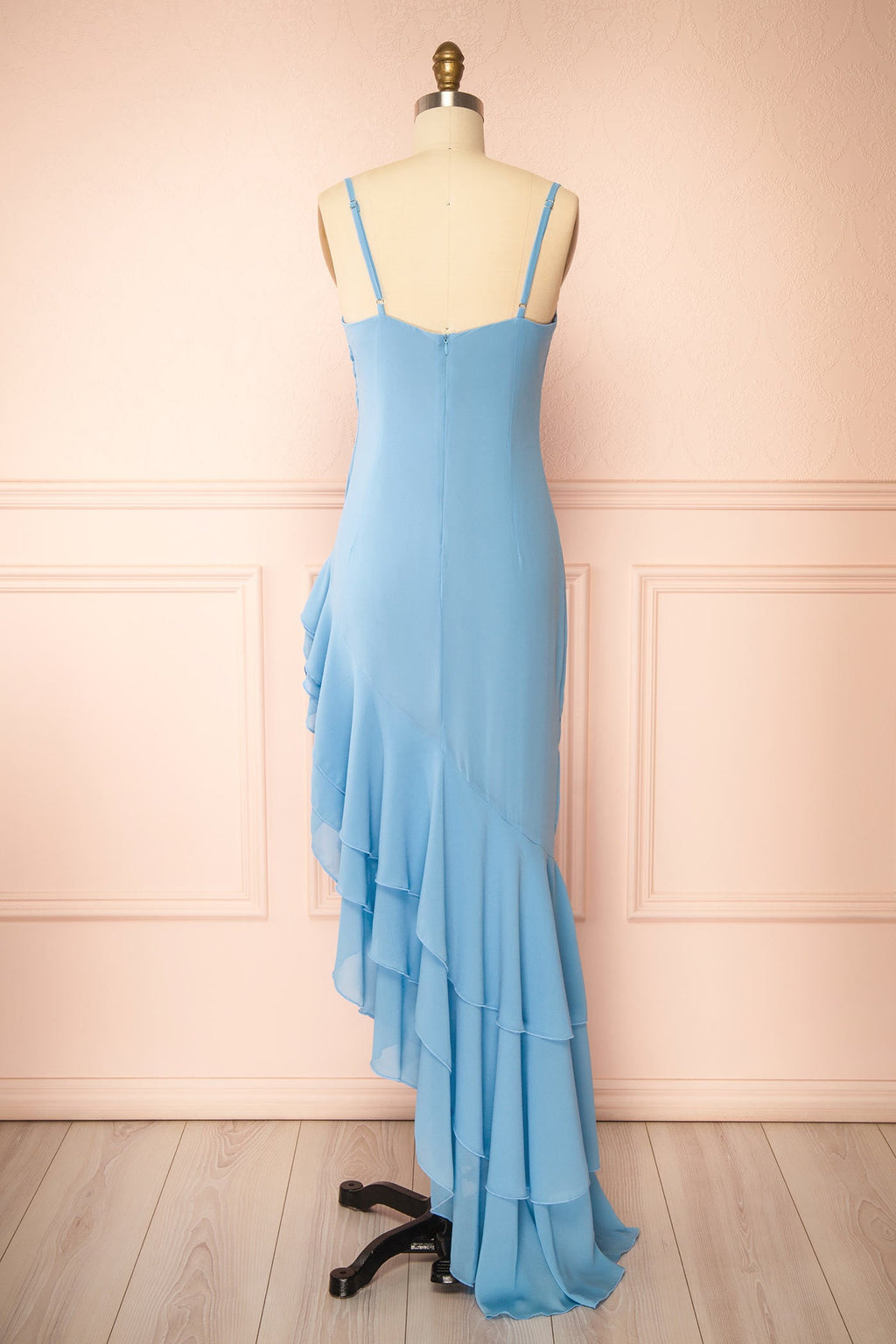 Aeron Blue | Chiffon Asymmetrical Ruffle Maxi Dress