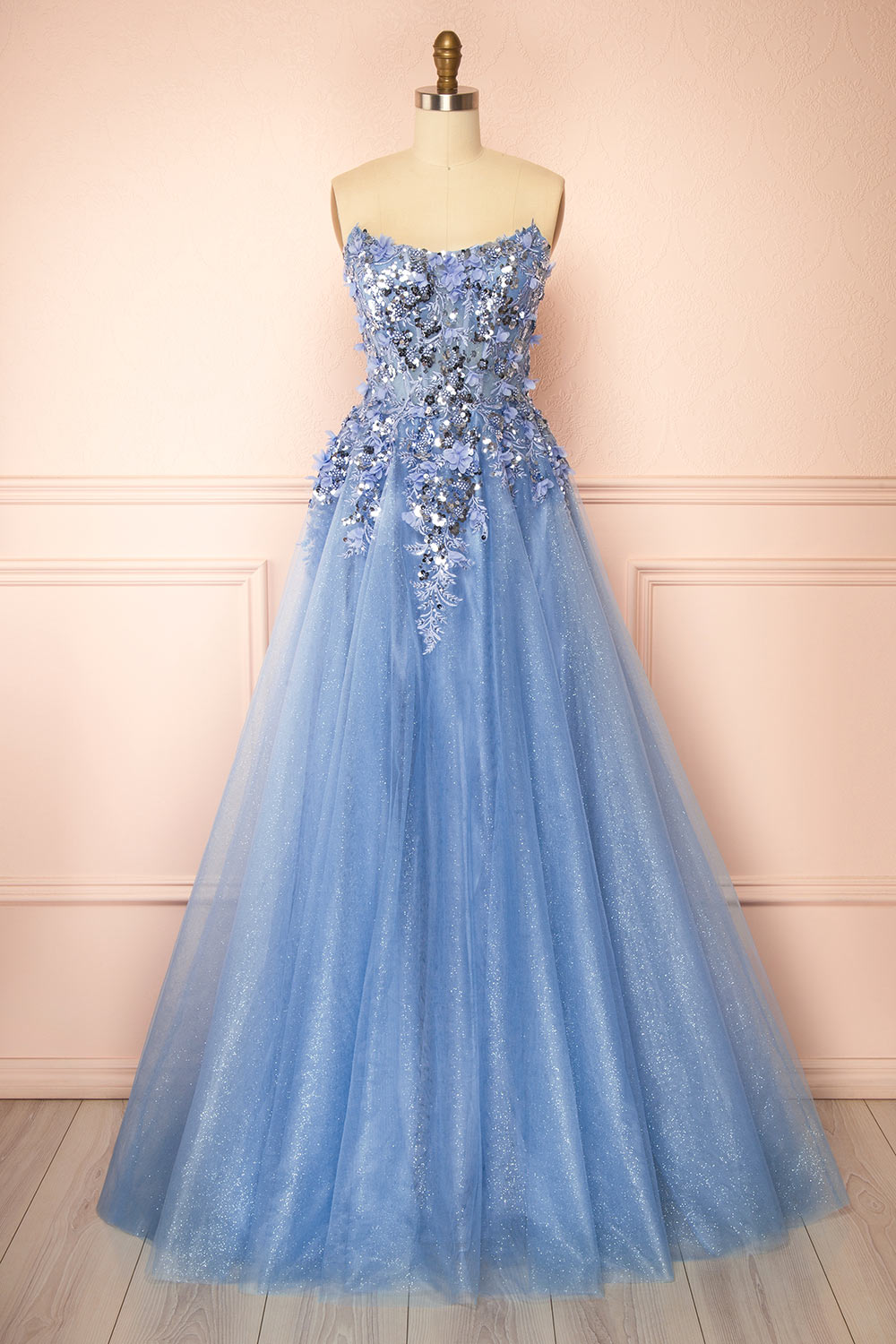 Agnes Light Blue | Glitter Tulle Maxi Dress with 3D Floral Appliqué