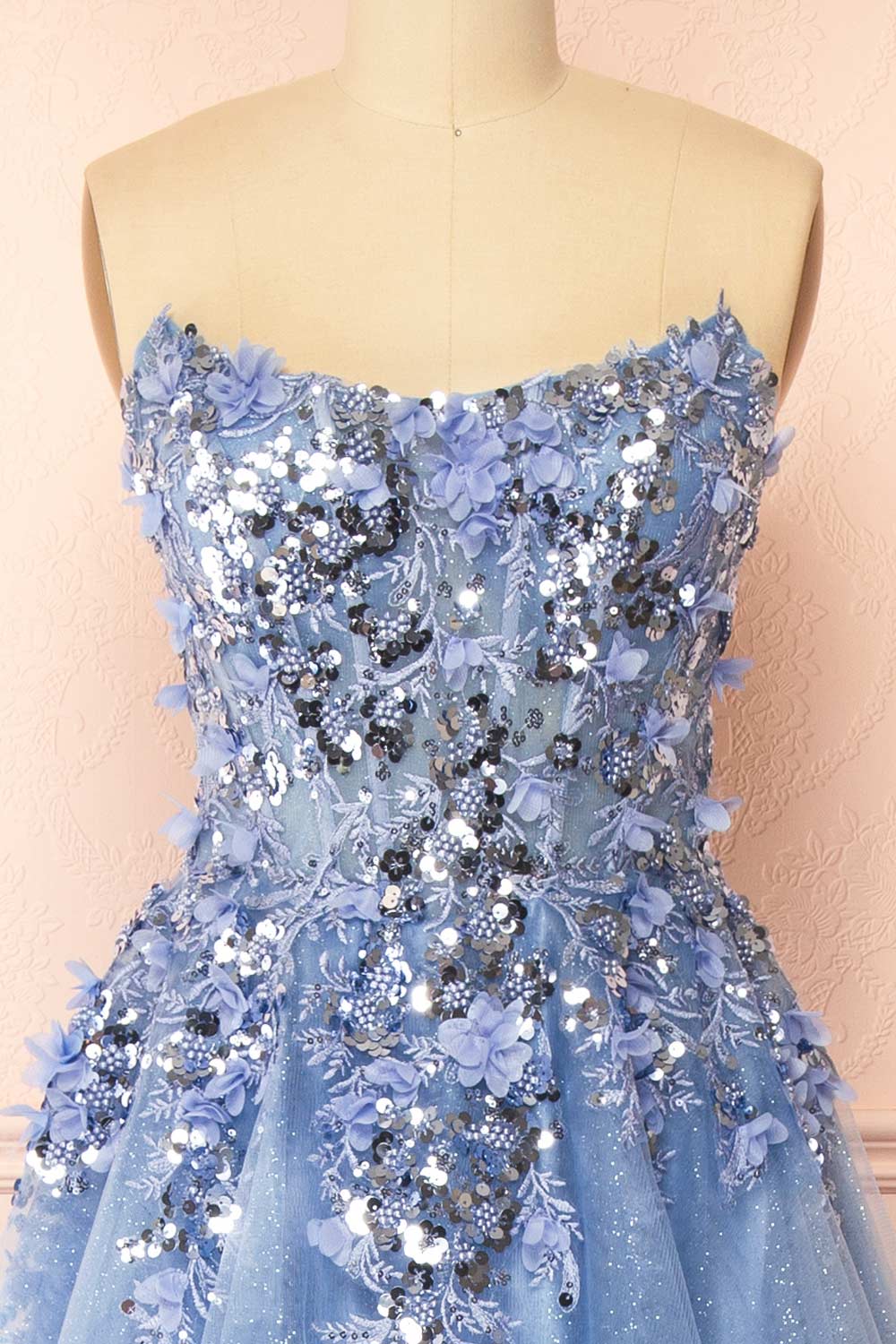 Agnes Light Blue | Glitter Tulle Maxi Dress with 3D Floral Appliqué