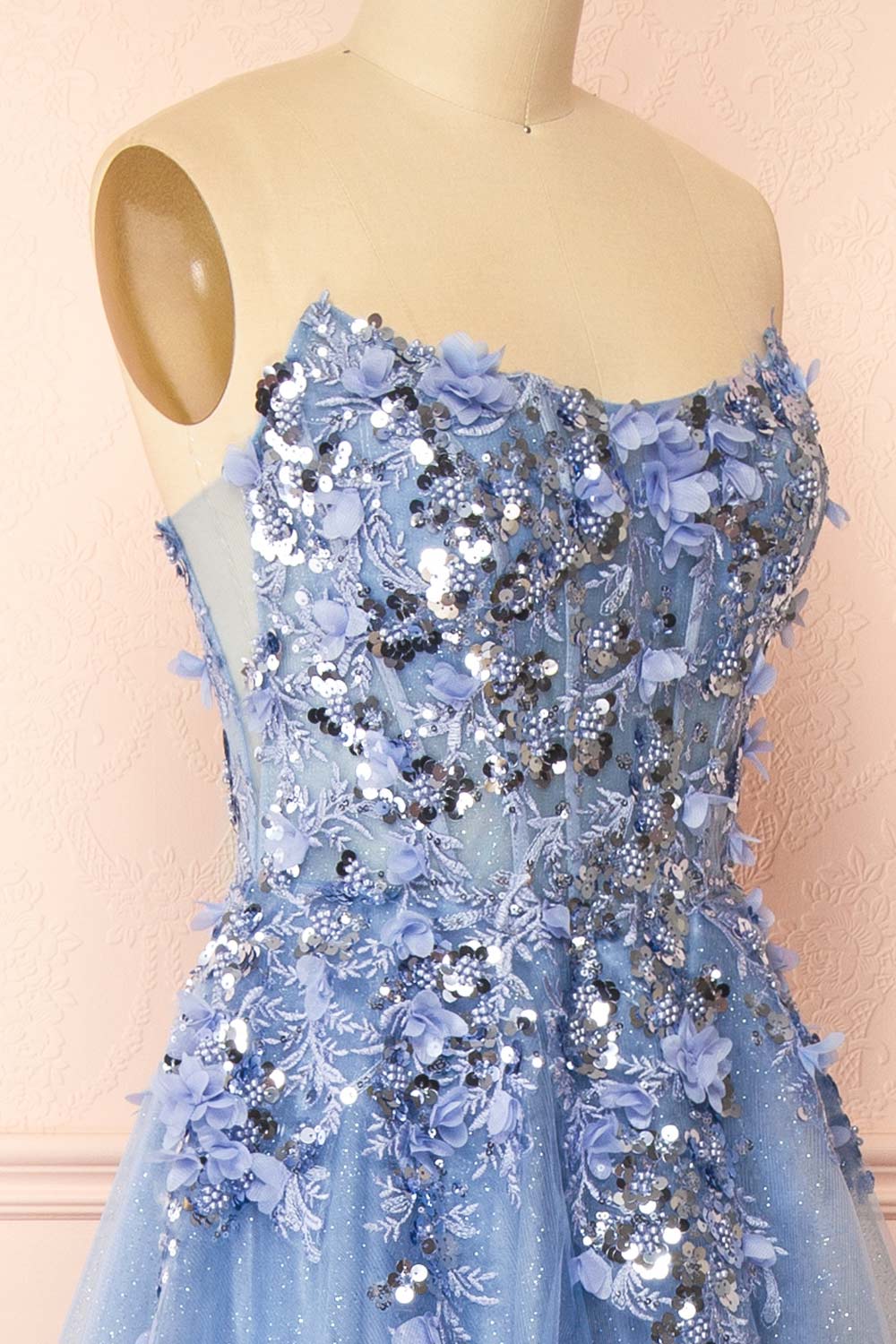 Agnes Light Blue | Glitter Tulle Maxi Dress with 3D Floral Appliqué