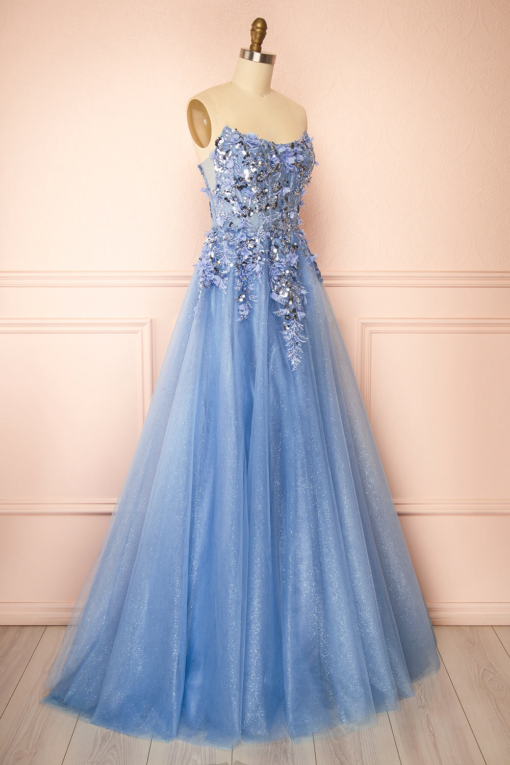 Agnes Light Blue | Glitter Tulle Maxi Dress with 3D Floral Appliqué