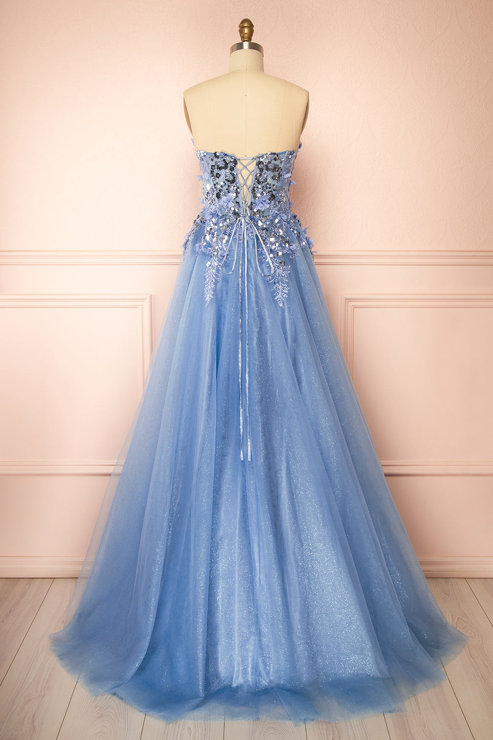 Agnes Light Blue | Glitter Tulle Maxi Dress with 3D Floral Appliqué