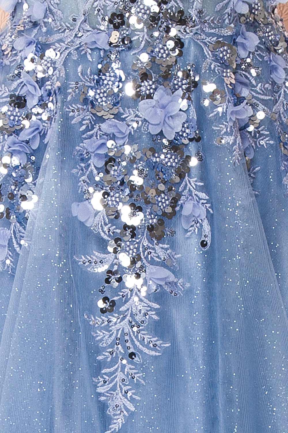 Agnes Light Blue | Glitter Tulle Maxi Dress with 3D Floral Appliqué