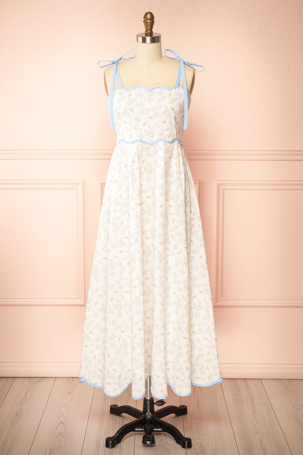 Ahrya Blue | Floral Midi Dress with Bow Straps and Scallop Hem