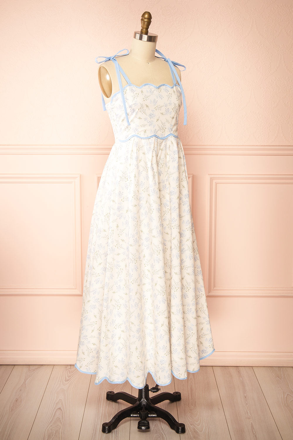 Ahrya Blue | Floral Midi Dress with Bow Straps and Scallop Hem