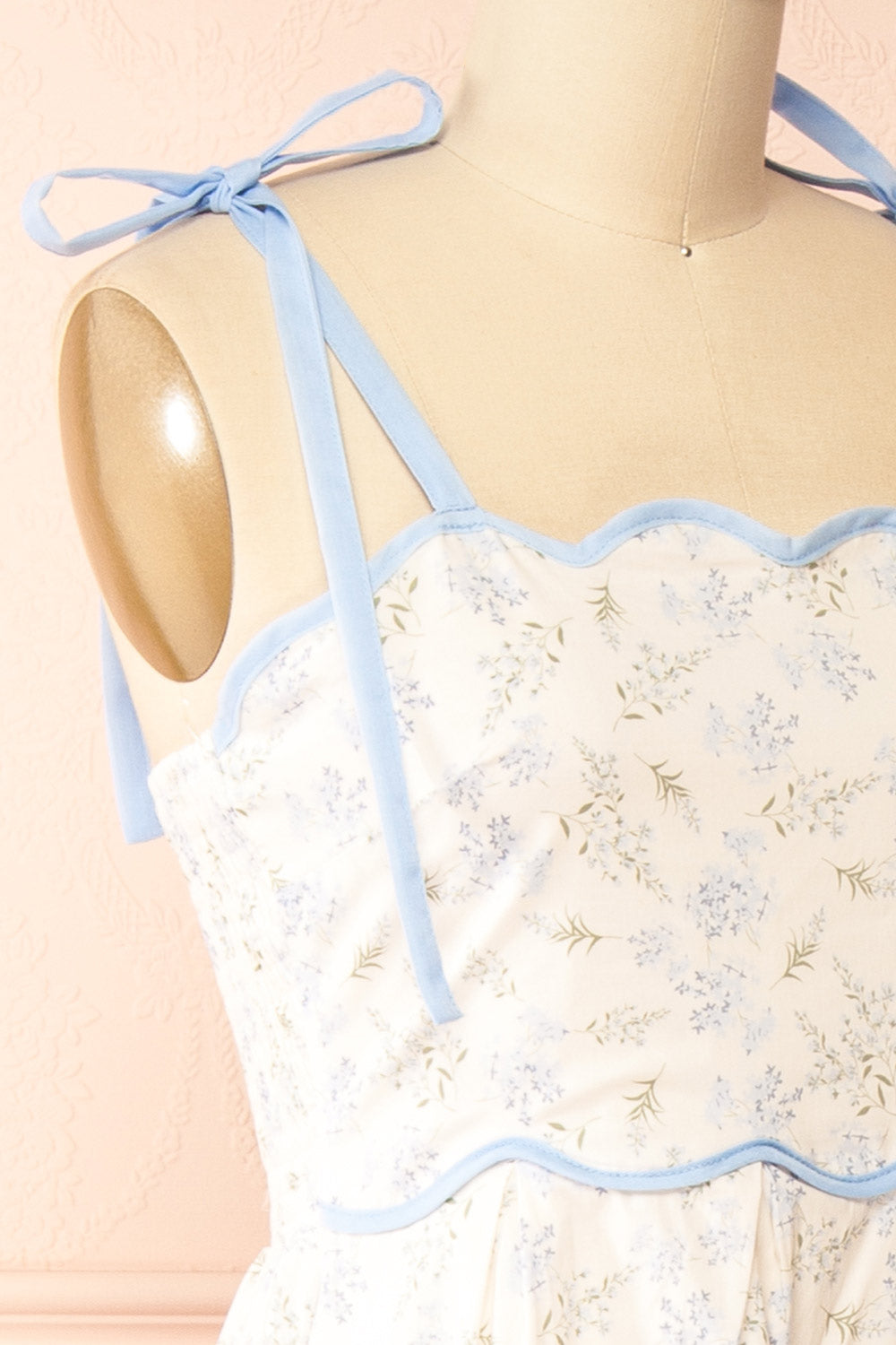 Ahrya Blue | Floral Midi Dress with Bow Straps and Scallop Hem