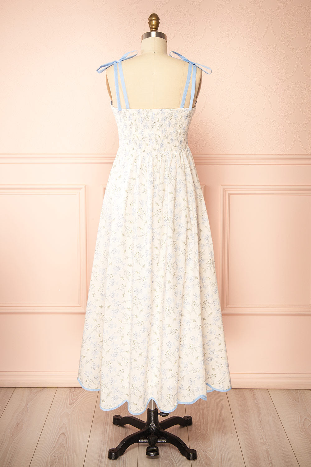Ahrya Blue | Floral Midi Dress with Bow Straps and Scallop Hem
