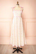 Ahrya Pink | Floral Midi Dress with Bow Straps and Scallop Hem