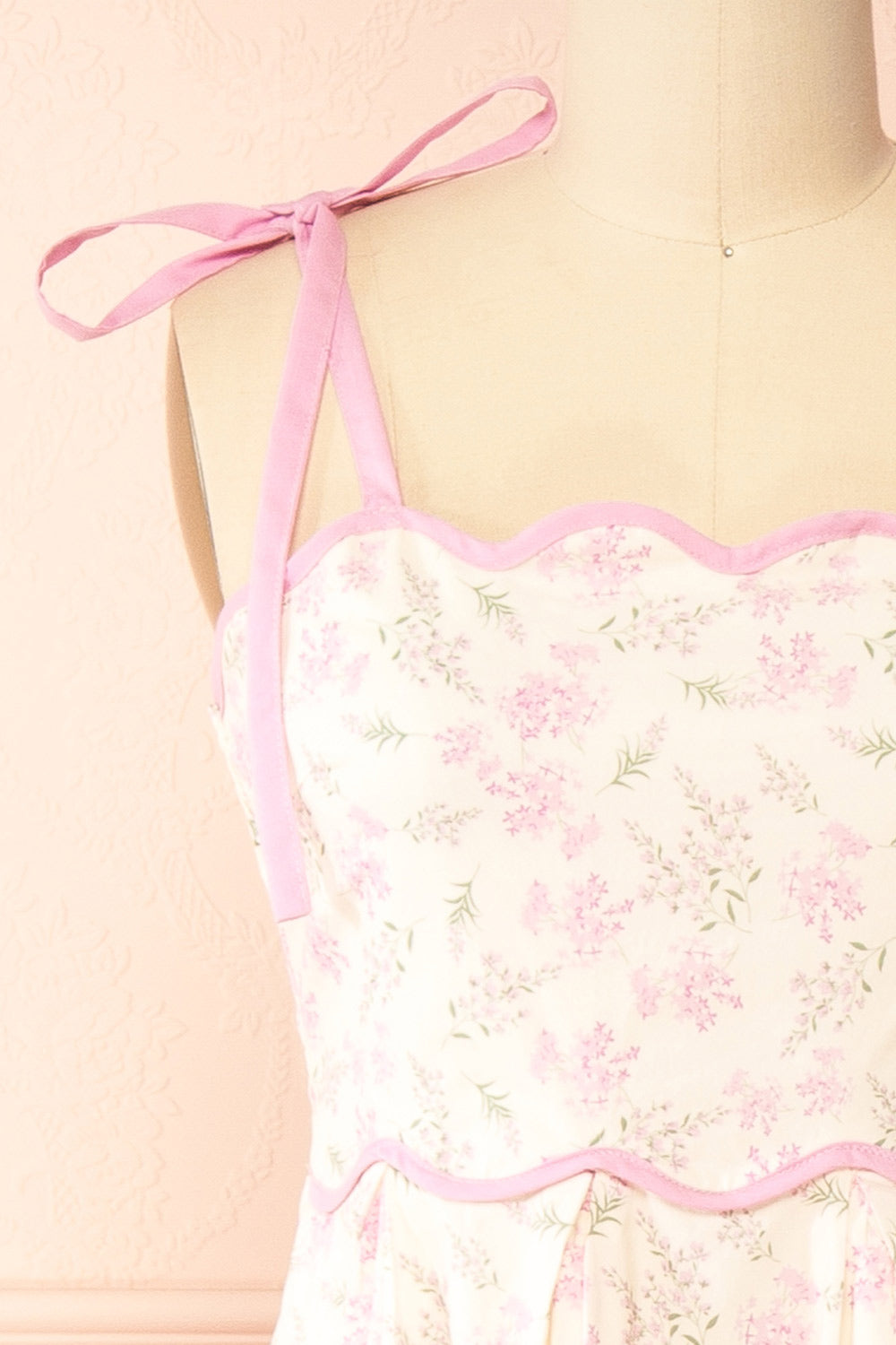 Ahrya Pink | Floral Midi Dress with Bow Straps and Scallop Hem