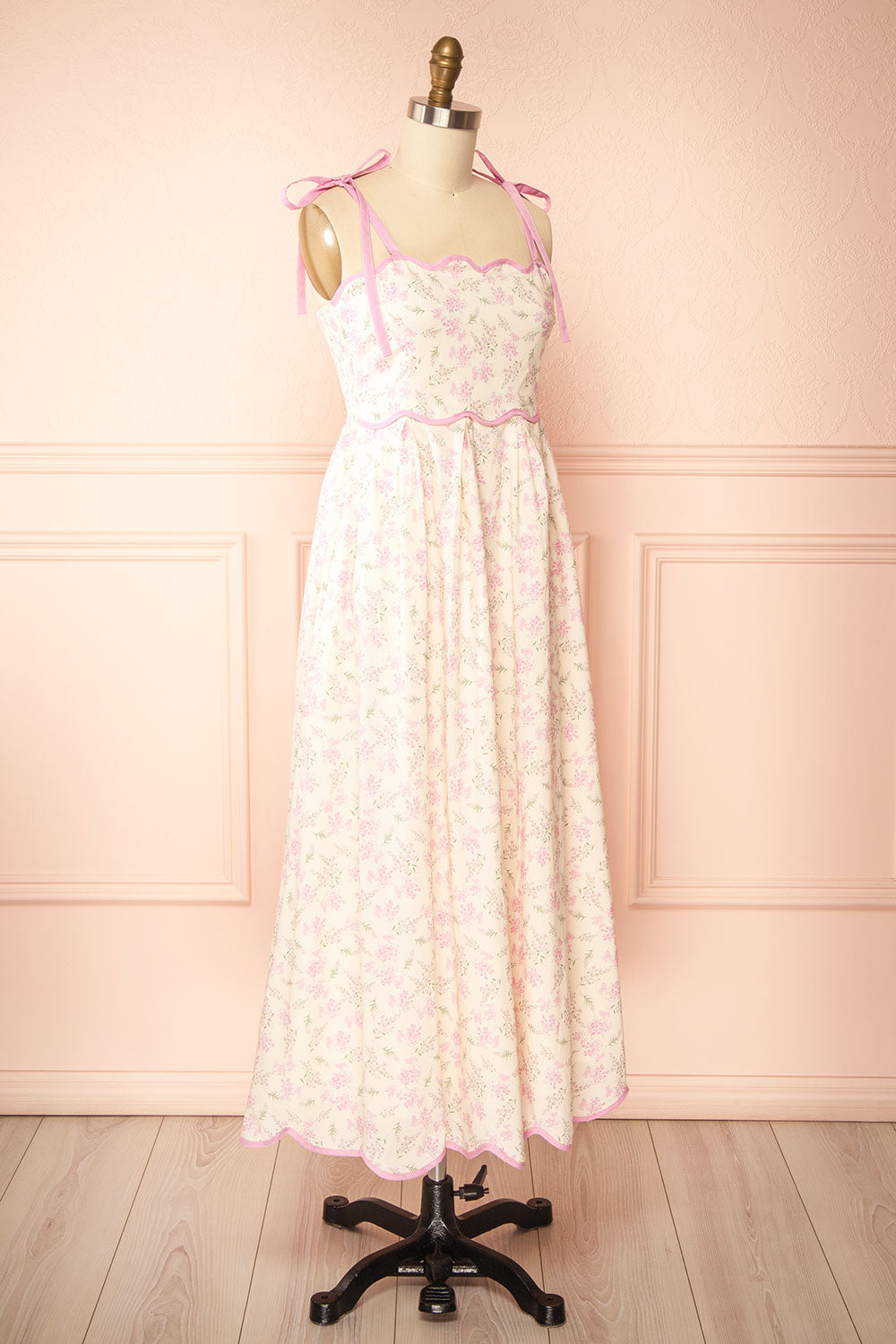 Ahrya Pink | Floral Midi Dress with Bow Straps and Scallop Hem
