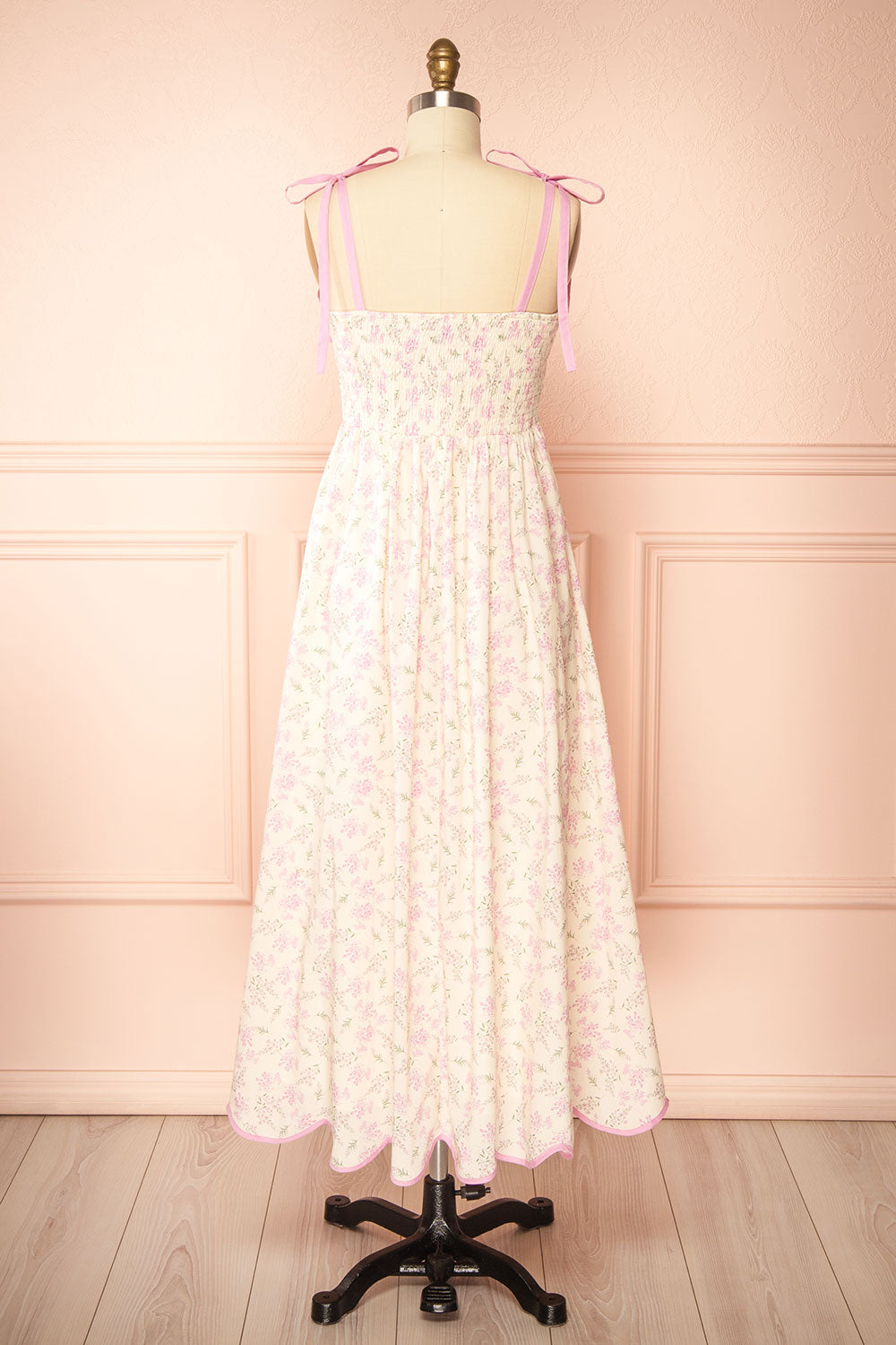 Ahrya Pink | Floral Midi Dress with Bow Straps and Scallop Hem
