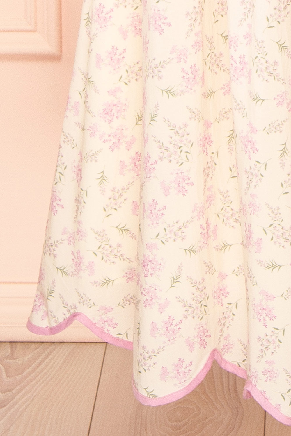 Ahrya Pink | Floral Midi Dress with Bow Straps and Scallop Hem