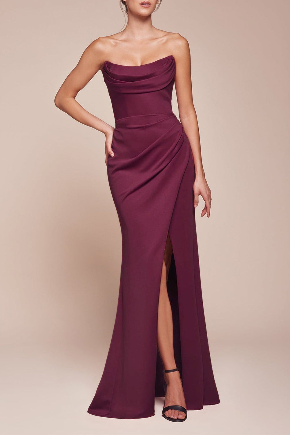 Ailsa Burgundy | Strapless Gown with High Slit