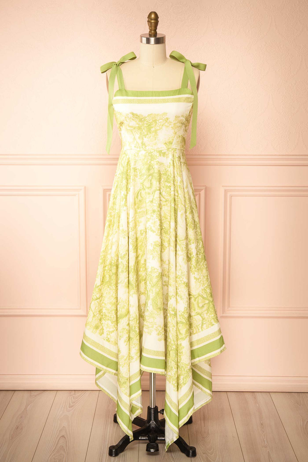 Alexie Green | Toile Border Midi Dress with Asymmetrical Hem