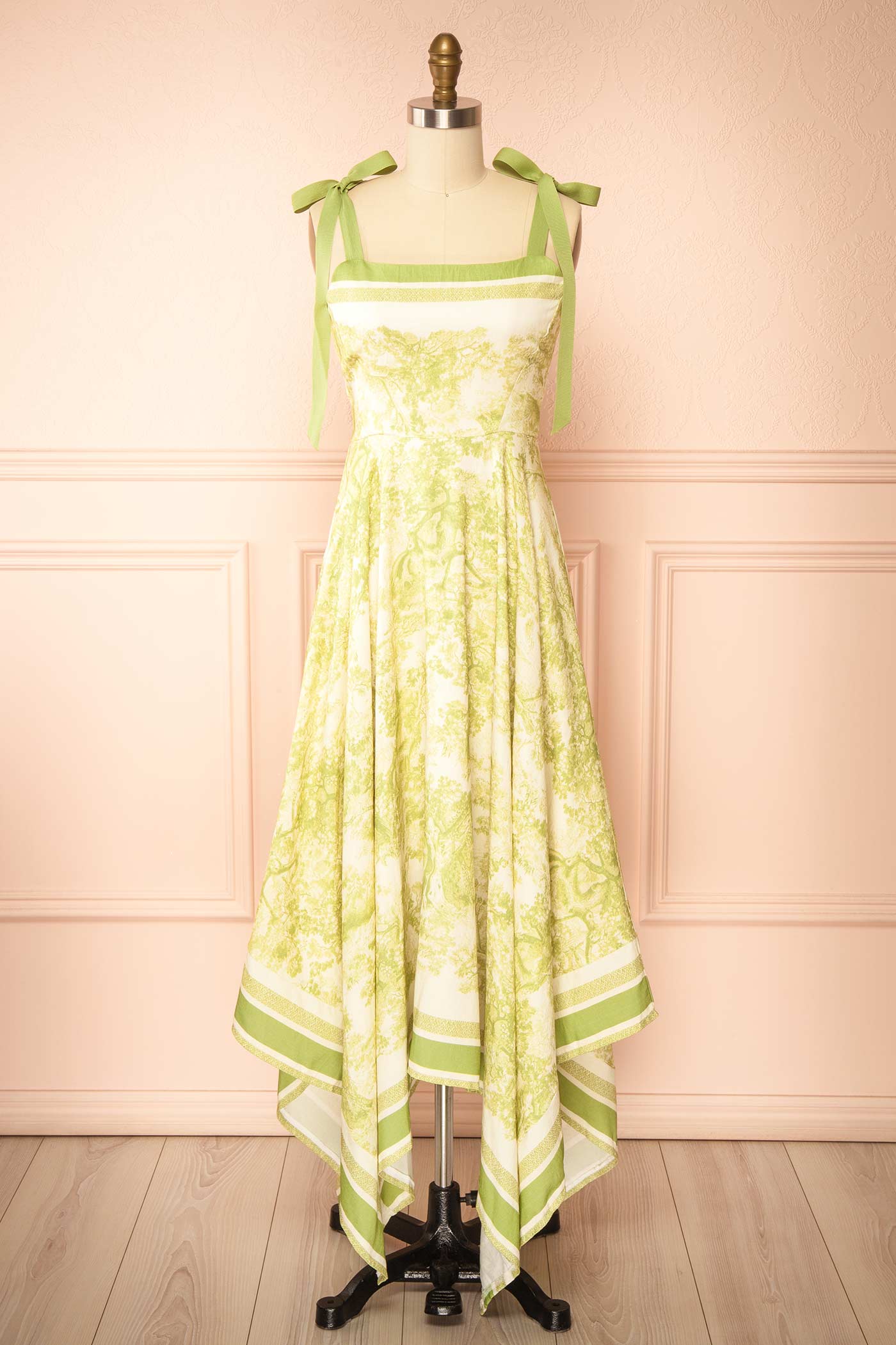Alexie Green | Toile Border Midi Dress with Asymmetrical Hem