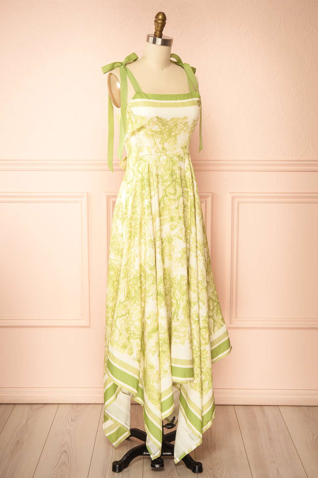 Alexie Green | Toile Border Midi Dress with Asymmetrical Hem
