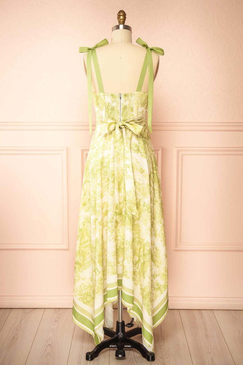 Alexie Green | Toile Border Midi Dress with Asymmetrical Hem