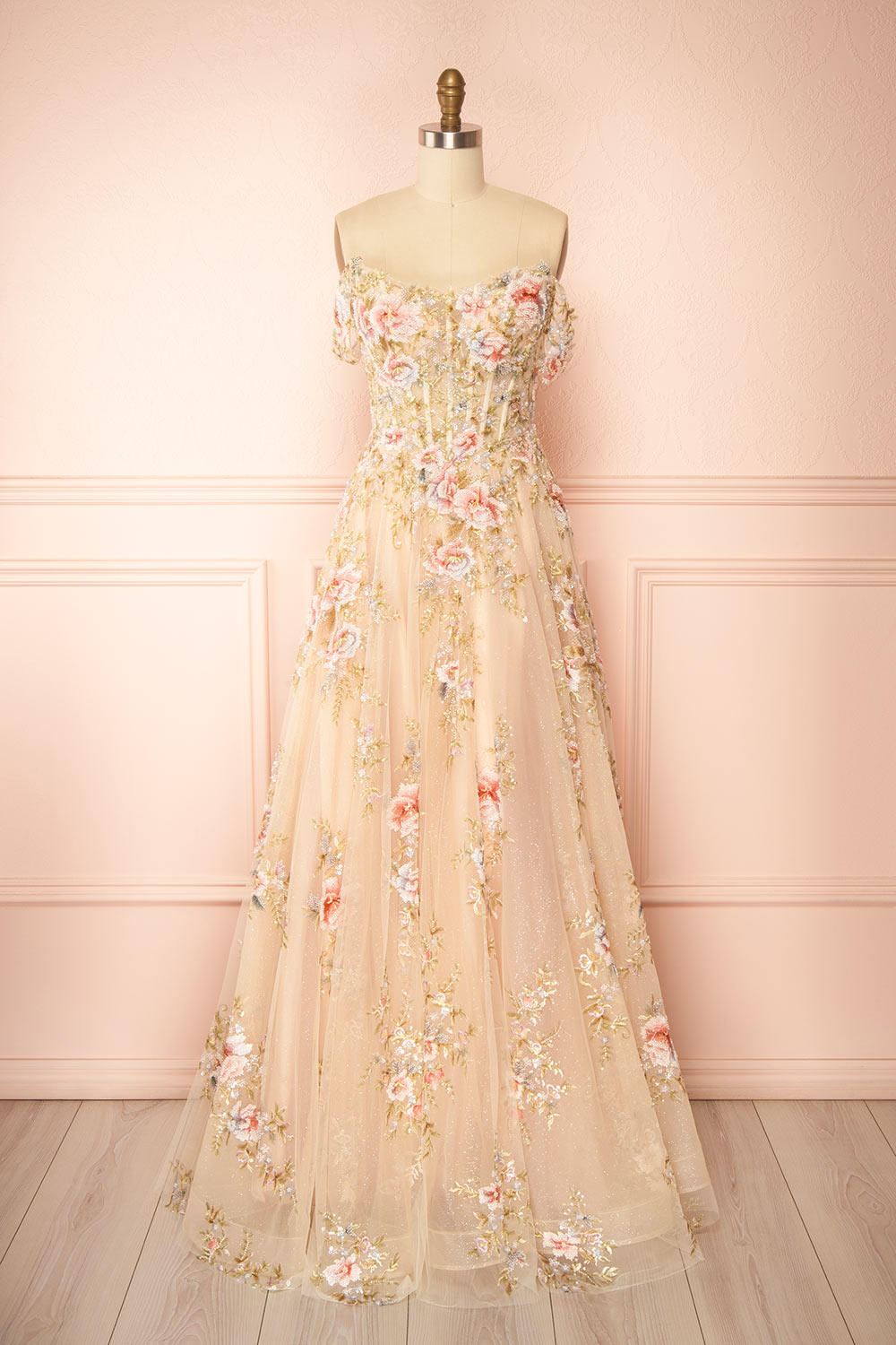 Alice | A-Line Floral Champagne Maxi Dress
