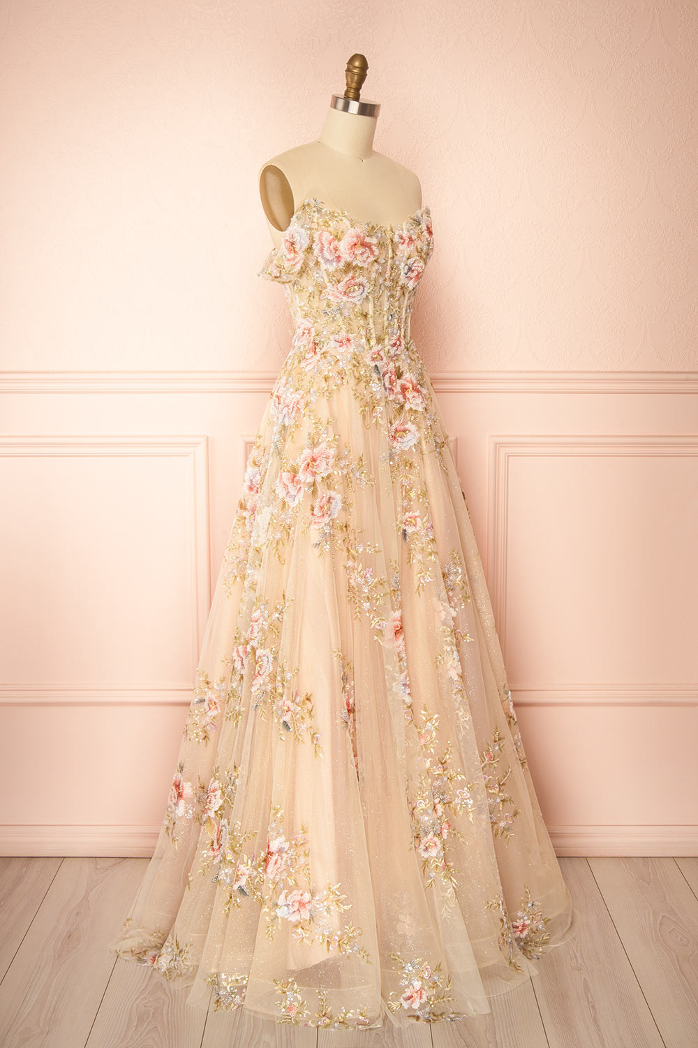 Alice | A-Line Floral Champagne Maxi Dress