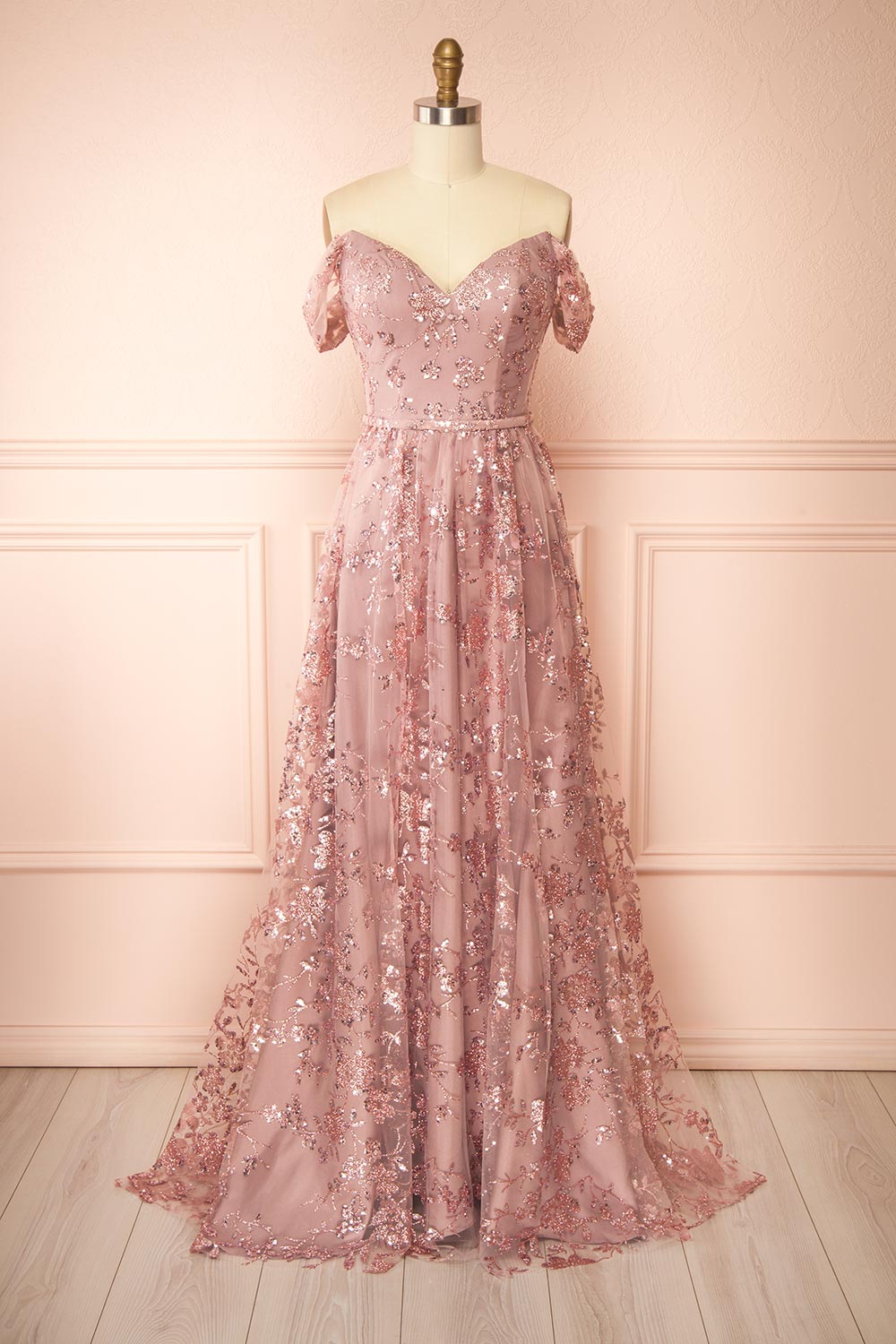 Alienor Mauve | Glittery Off the Shoulder Mesh Maxi Dress