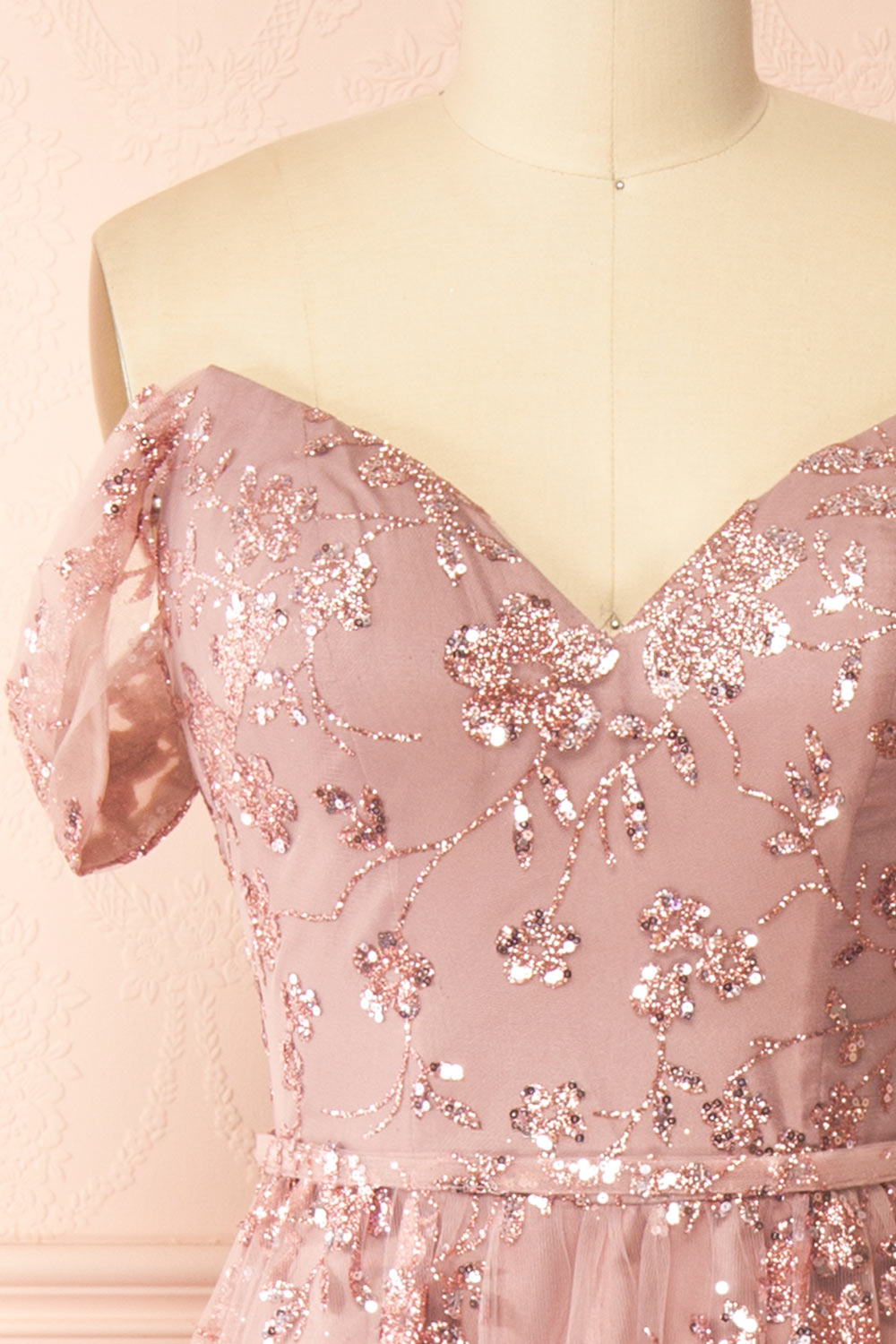 Alienor Mauve | Glittery Off the Shoulder Mesh Maxi Dress