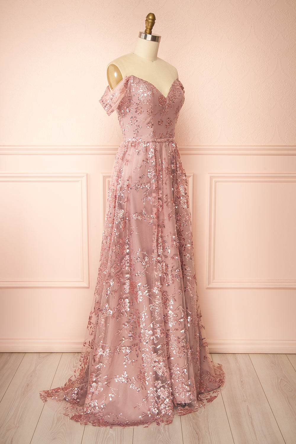 Alienor Mauve | Glittery Off the Shoulder Mesh Maxi Dress