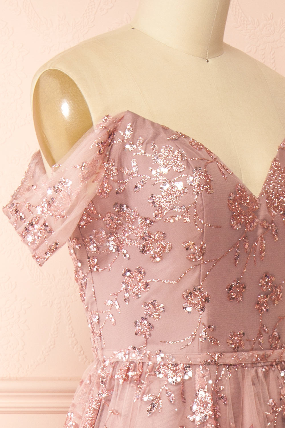 Alienor Mauve | Glittery Off the Shoulder Mesh Maxi Dress