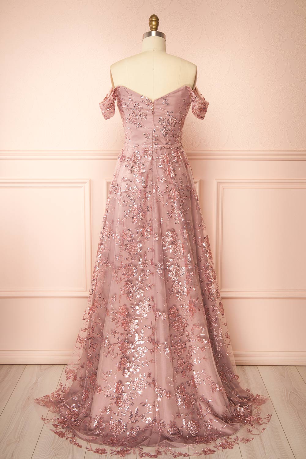Alienor Mauve | Glittery Off the Shoulder Mesh Maxi Dress