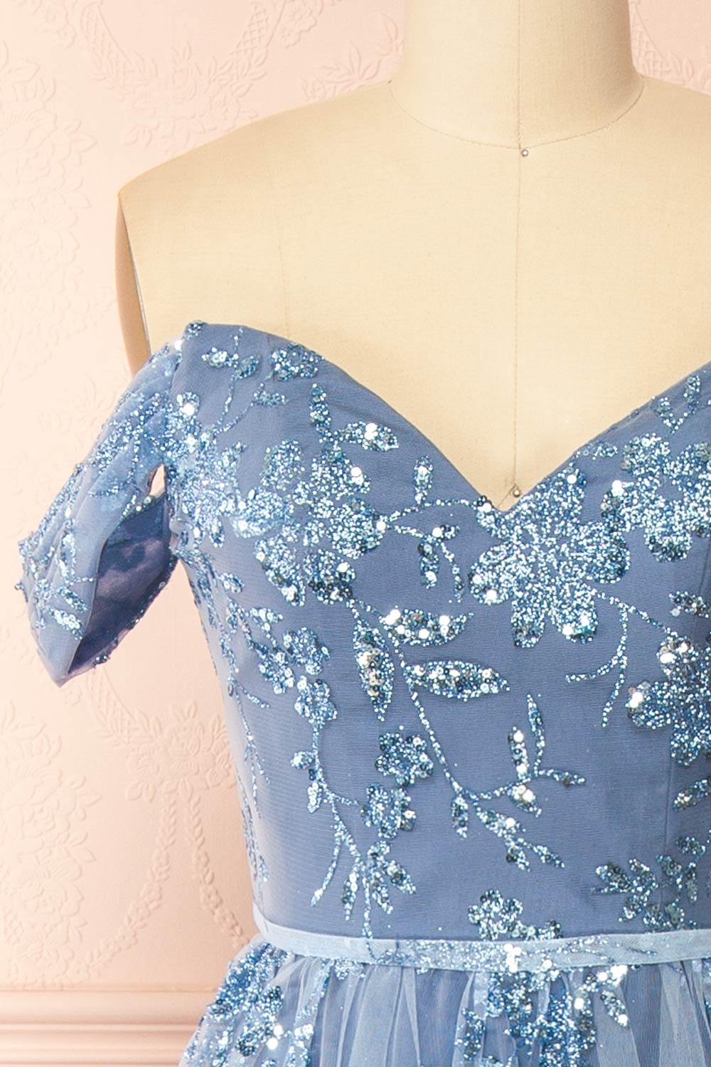 Alienor Blue Grey | Glittery Off the Shoulder Mesh Maxi Dress
