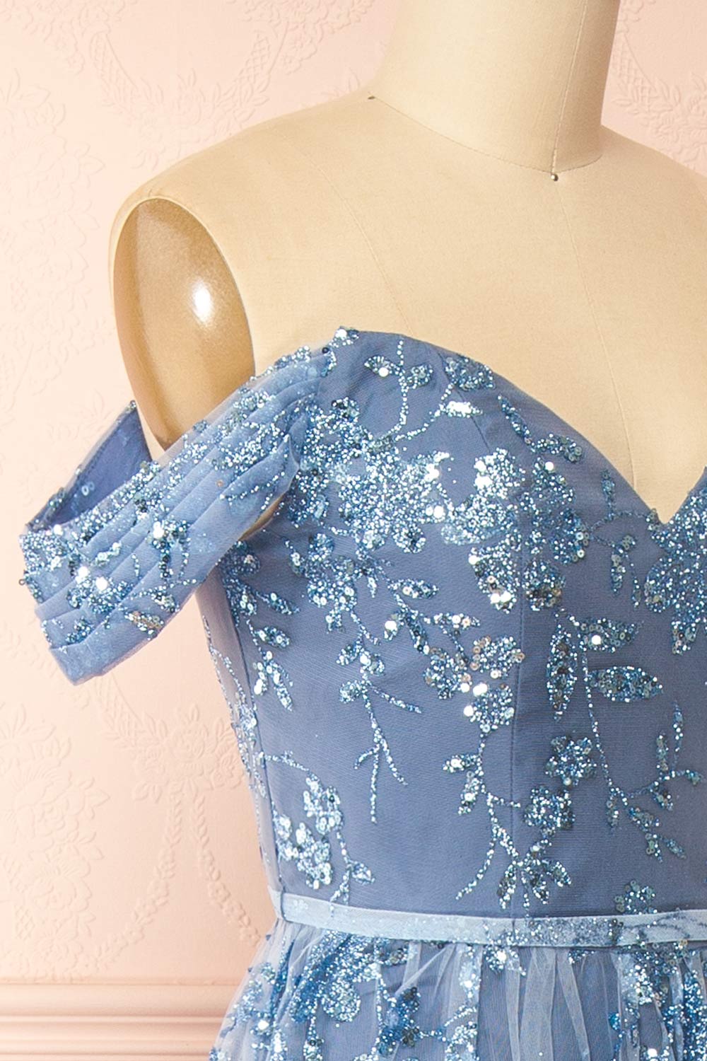 Alienor Blue Grey | Glittery Off the Shoulder Mesh Maxi Dress