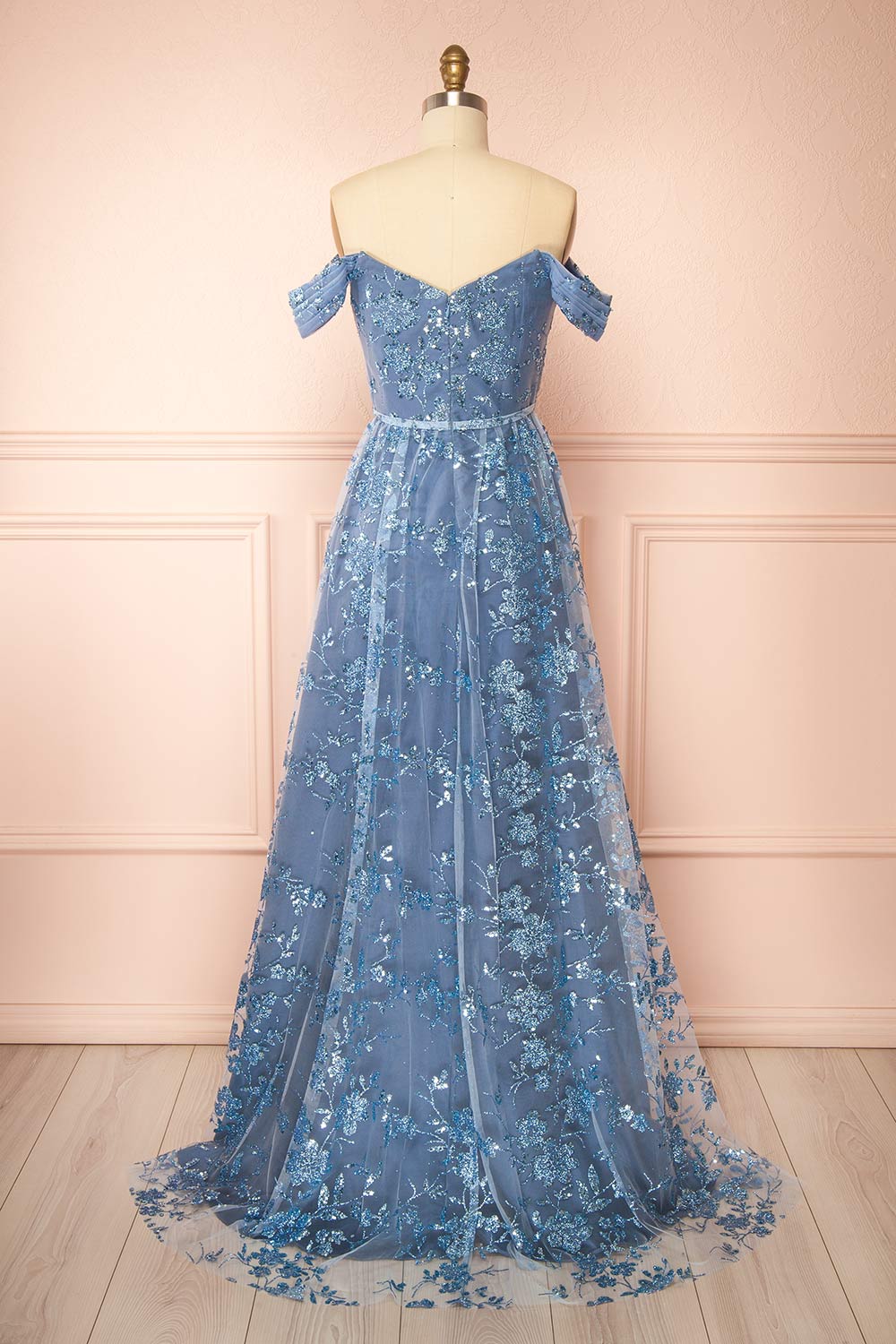 Alienor Blue Grey | Glittery Off the Shoulder Mesh Maxi Dress