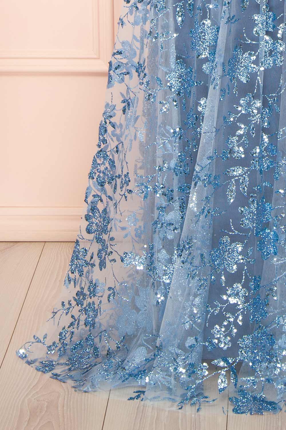 Alienor Blue Grey | Glittery Off the Shoulder Mesh Maxi Dress
