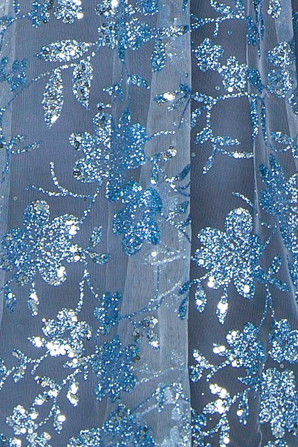Alienor Blue Grey | Glittery Off the Shoulder Mesh Maxi Dress