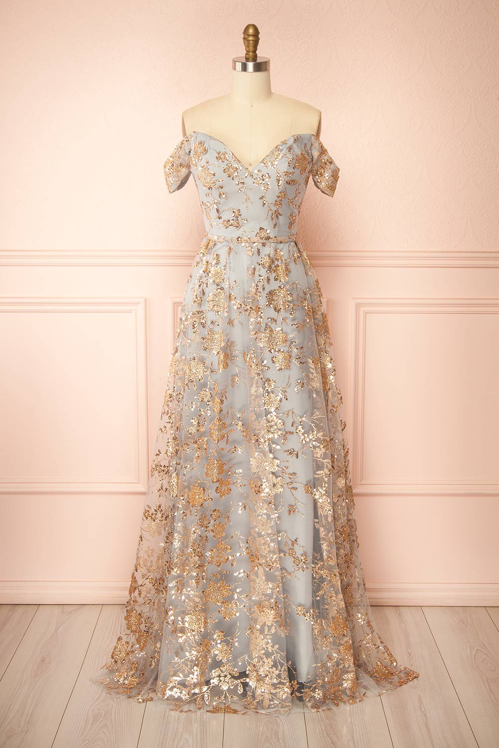 Alienor Grey | Glittery Off the Shoulder Mesh Maxi Dress