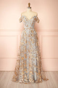 Alienor Grey | Glittery Off the Shoulder Mesh Maxi Dress