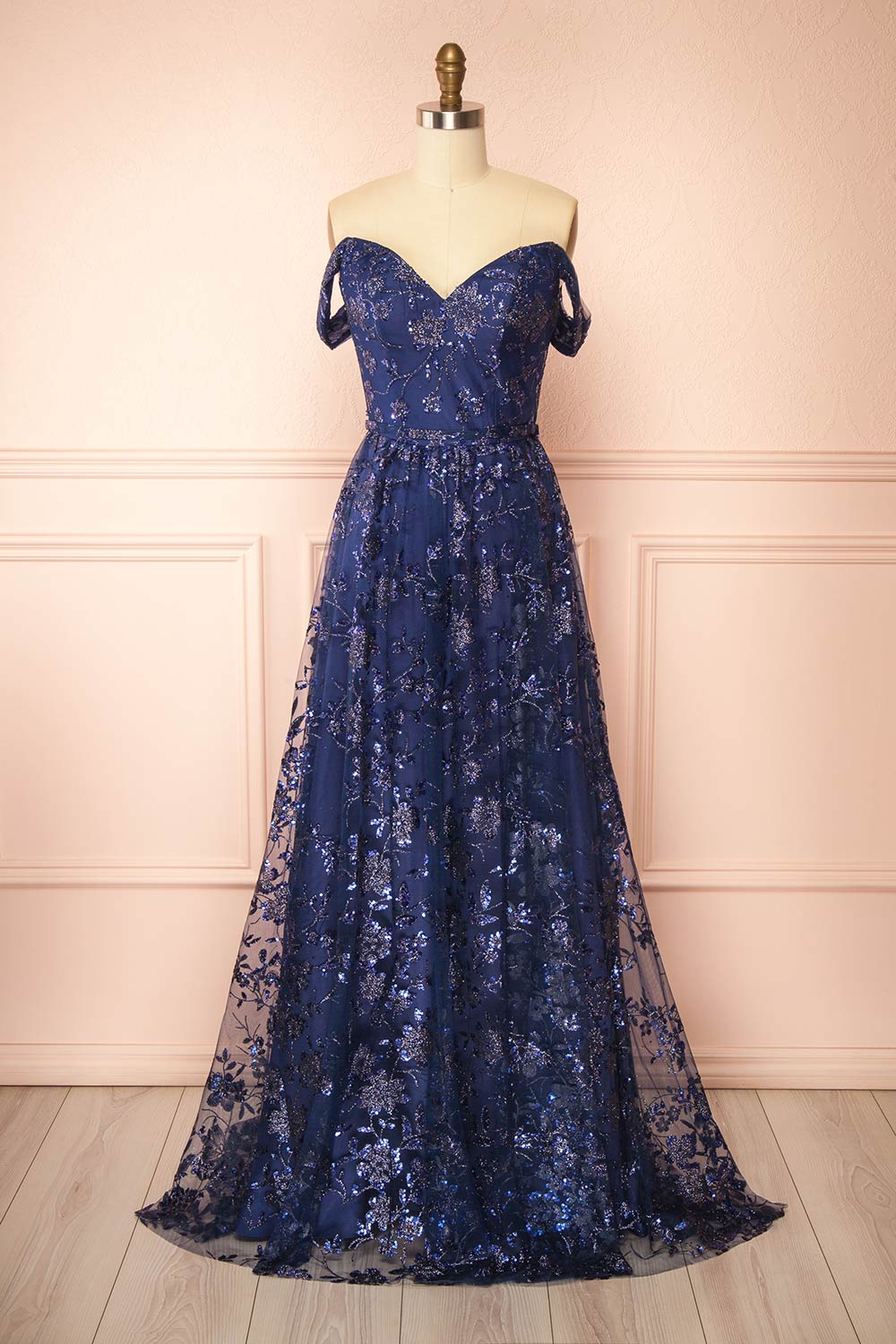 Alienor Navy | Glittery Off the Shoulder Mesh Maxi Dress