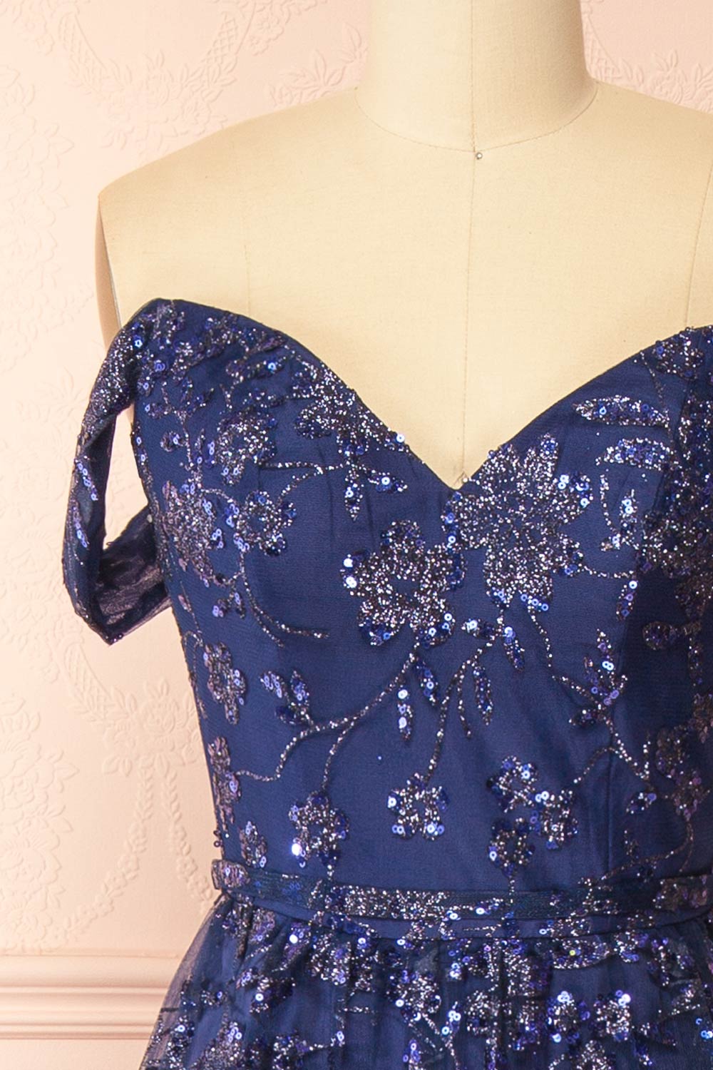 Alienor Navy | Glittery Off the Shoulder Mesh Maxi Dress