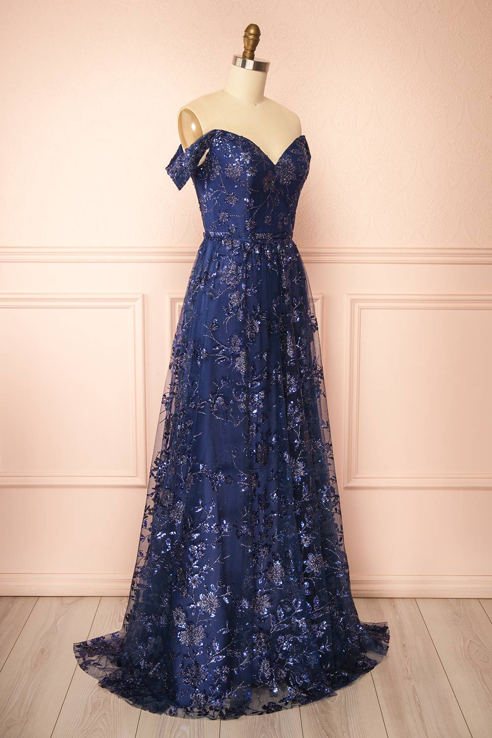 Alienor Navy | Glittery Off the Shoulder Mesh Maxi Dress