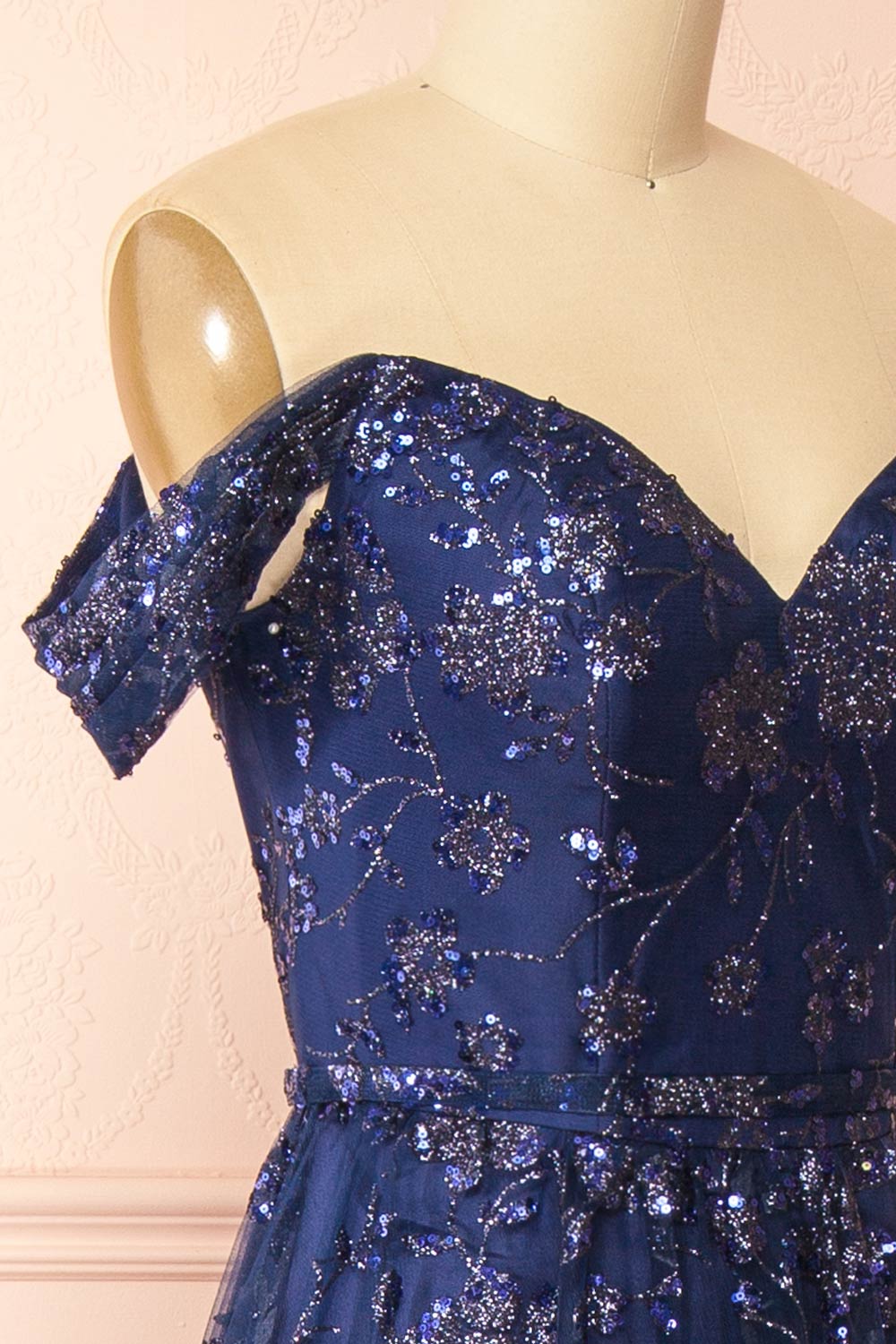 Alienor Navy | Glittery Off the Shoulder Mesh Maxi Dress