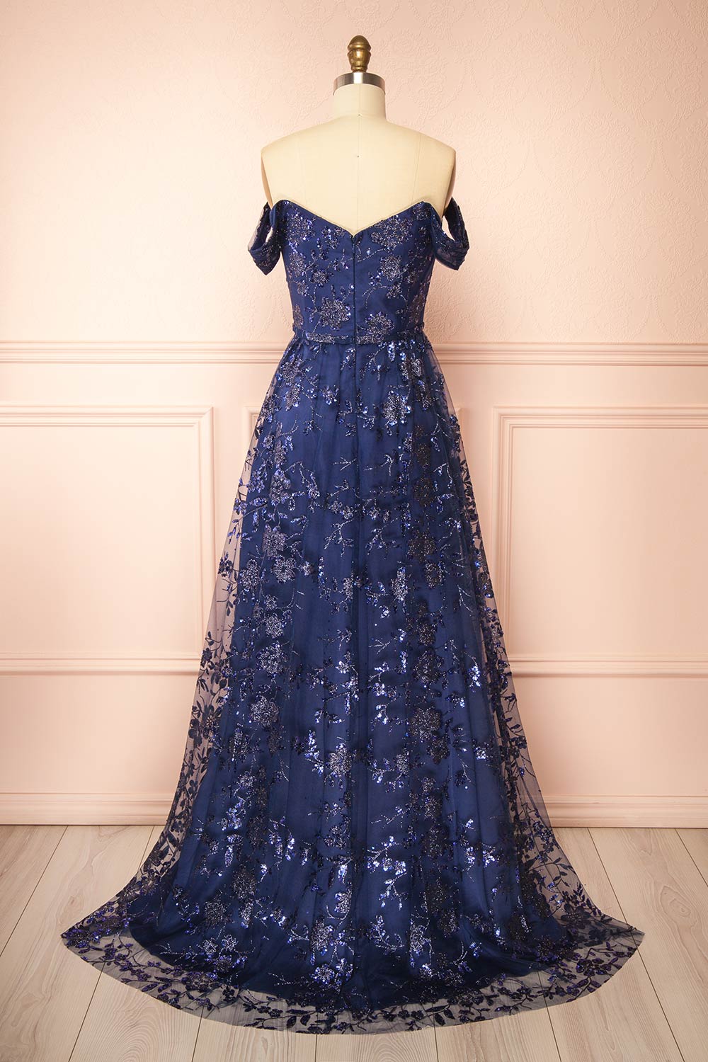 Alienor Navy | Glittery Off the Shoulder Mesh Maxi Dress